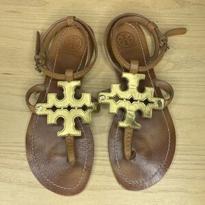 TORY BURCH gold leather Miller phoebe chandler gladiator sandal flip flop shoes